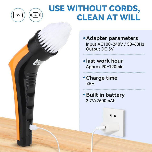 Hygger Aquarium 6 in 1 Electric Cleaning Brush close-up showing cordless design and charging parameters for easy use.
