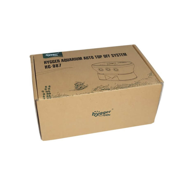 Hygger Auto Top Off System packaging box for aquariums, featuring model HG-987 and aquatic design elements.