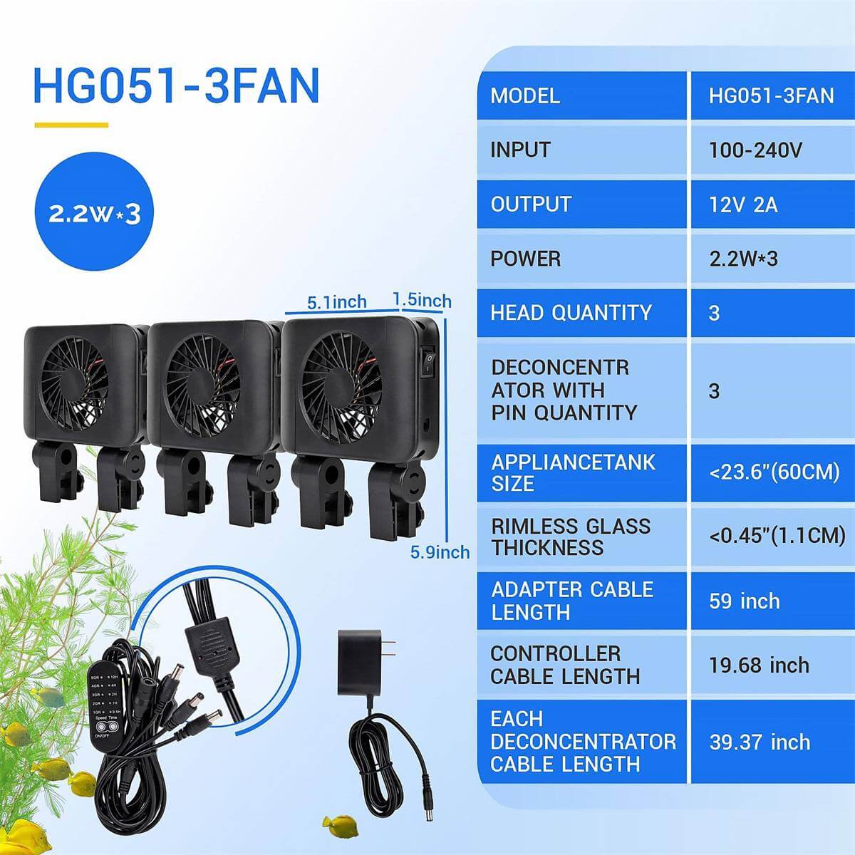 Hygger Aquarium Cooling Fans specifications including model HG051-3FAN, power output, and dimensions for optimal aquarium cooling.