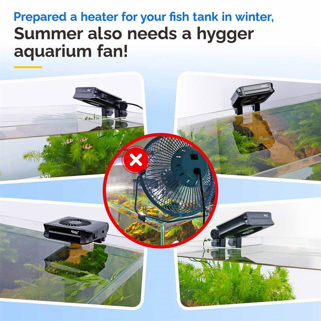 Hygger Aquarium Cooling Fans showcased in a fish tank, highlighting summer cooling needs for aquatic pets.
