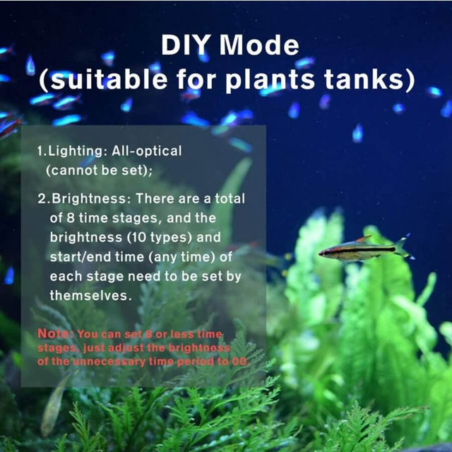 DIY mode settings for Hygger Aquarium LED light, featuring options for optimal lighting and brightness stages for plant tanks.
