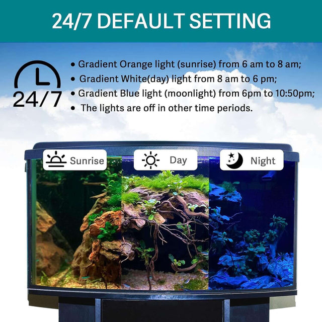 Hygger aquarium LED light settings display: gradient orange, white, and blue lights for day and night illumination.