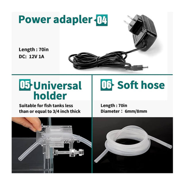 Hygger Auto Top Off System components, including power adapter, universal holder, and soft hose specifications.