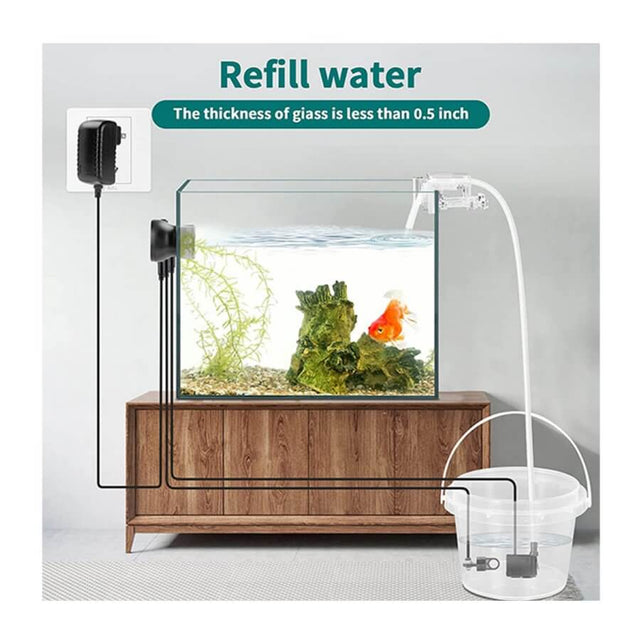 Hygger Auto Top Up System illustrating water refill setup for aquariums, featuring pump and water container placement.