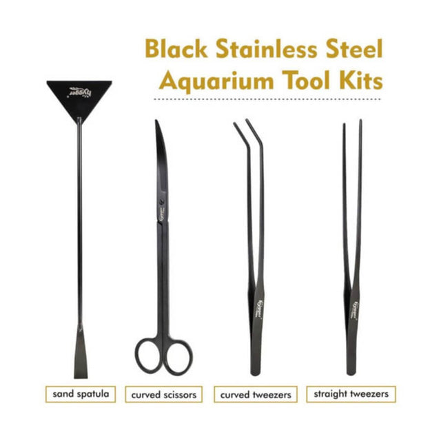 Hygger Black Stainless Steel Aquarium Tool Set including sand spatula, curved scissors, and tweezers displayed on a white background.