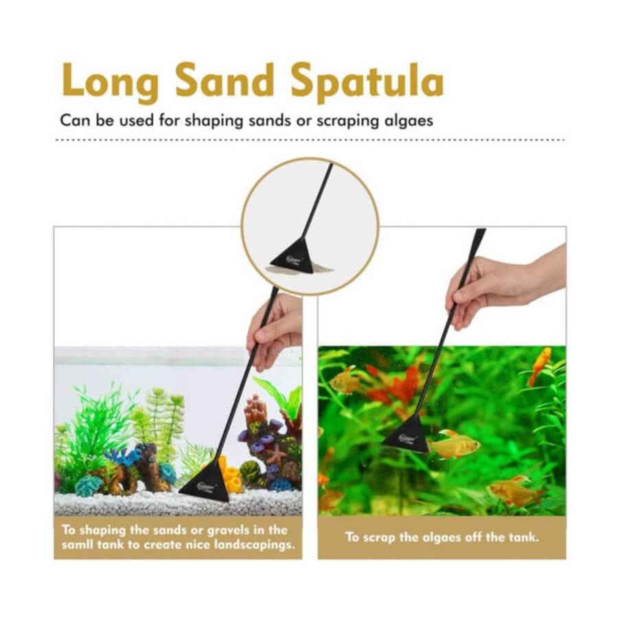 Long sand spatula for shaping aquarium sands and scraping algae, perfect for creating beautiful aquatic landscapes.