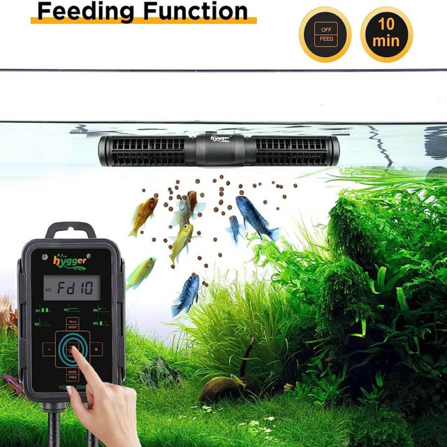 Hygger Cross Flow Wave Maker in aquarium with fish, featuring feeding function display and timer settings.