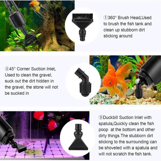 Accessories for Hygger Fish Tank Gravel Cleaner include brush, corner suction inlet, and duckbill suction for effective cleaning.