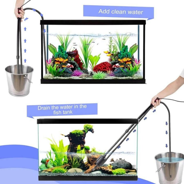 Hygger Fish Tank Gravel Cleaner showing water addition and drainage for easy aquarium maintenance and cleaning.