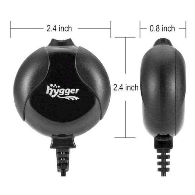 Hygger Mini Air Pump dimensions showing 2.4 inches width and 0.8 inches thickness, designed for quiet performance in small aquariums.