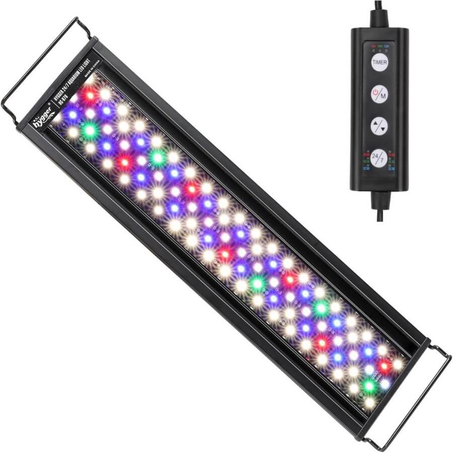 Hygger Planted LED Aquarium Light with remote control and multiple color LEDs for vibrant aquarium illumination.