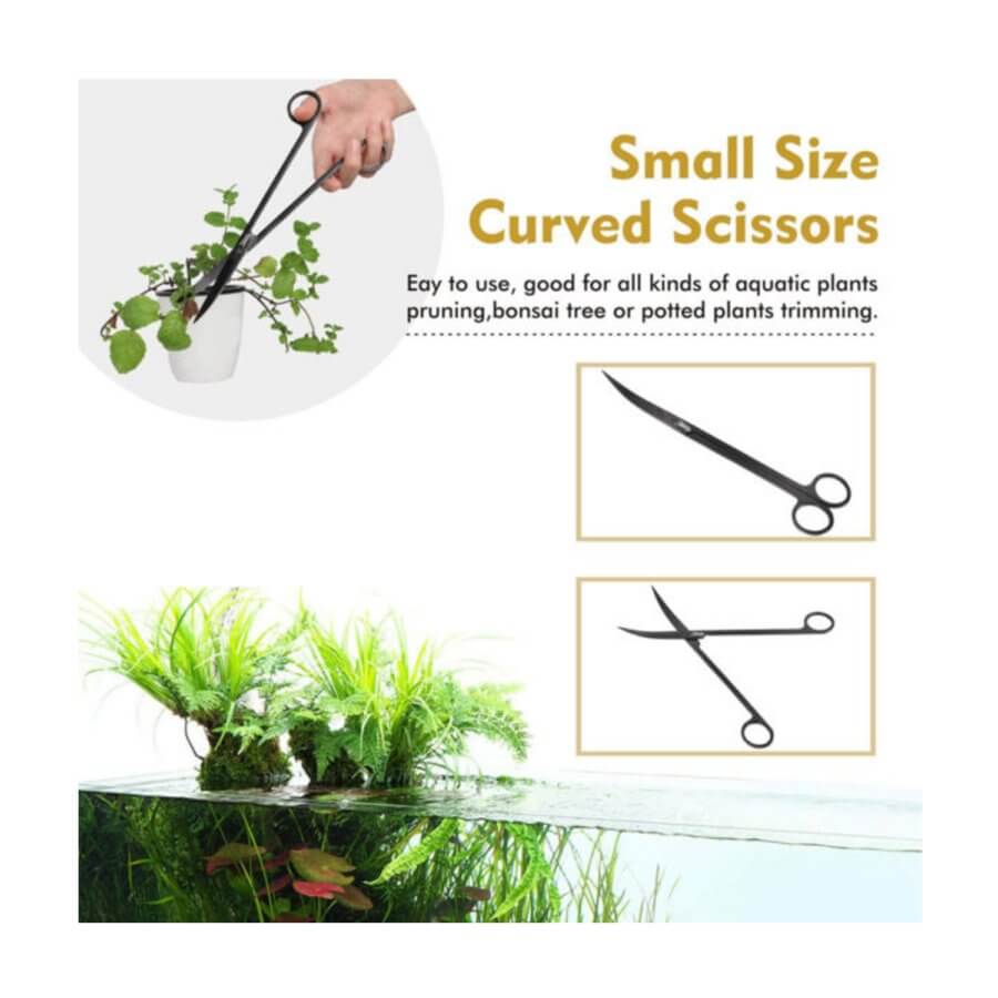 Small size curved scissors for easy pruning of aquatic plants and bonsai trees, ideal for precise trimming tasks.