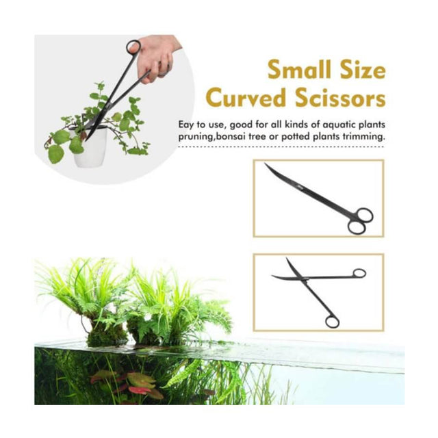 Small size curved scissors for easy pruning of aquatic plants and bonsai trees, ideal for precise trimming tasks.