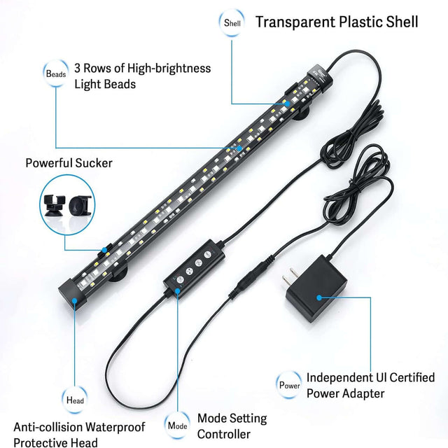 Hygger submersible aquarium LED light with three rows of high-brightness beads, waterproof design, and controller for versatile installation.