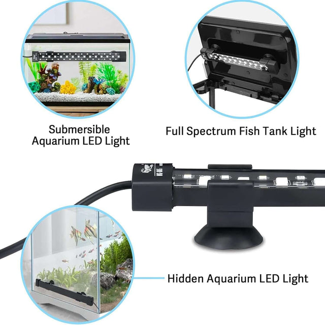 Hygger submersible aquarium LED light showcasing full spectrum illumination for vibrant fish and plant colors in aquatic tanks.