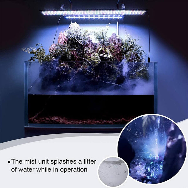 Hygger Ultrasonic Mist Maker in aquarium creating mist with lush plants and water splashes, enhancing ambiance and atmosphere.