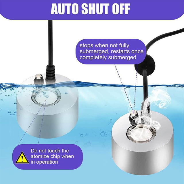 Hygger Ultrasonic Mist Maker with auto shut off feature shown submerged in water, demonstrating safe operation.