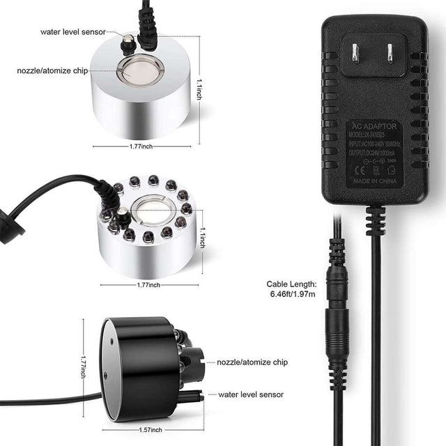Hygger Ultrasonic Mist Maker components showing atomizer chip, water level sensor, and power adapter for mist creation.