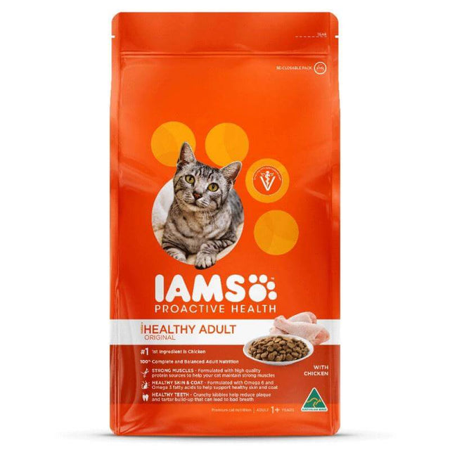 Iams Adult Chicken Cat Food 3kg bag, designed for healthy cats over 1 year, featuring chicken and balanced nutrition.