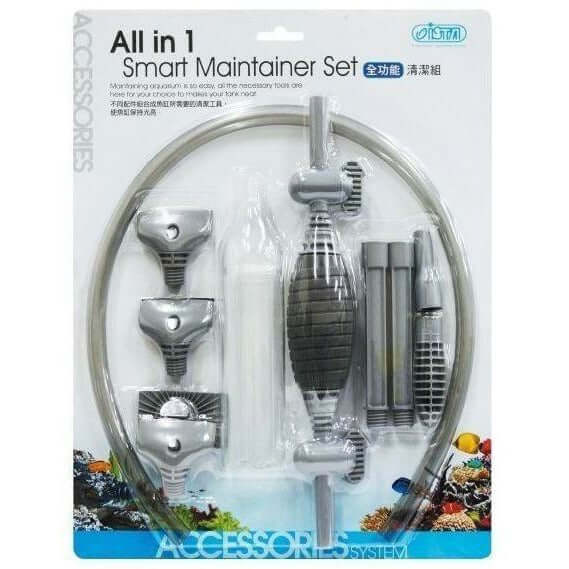 Ista All-in-One Maintenance Set for aquarium cleaning with siphon, vacuum, and accessories for easy algae removal.