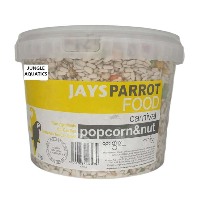 Jays Parrot Carnival Popcorn and Nut mix in 3kg container, made with pure ingredients and enriched with vitamins and minerals.