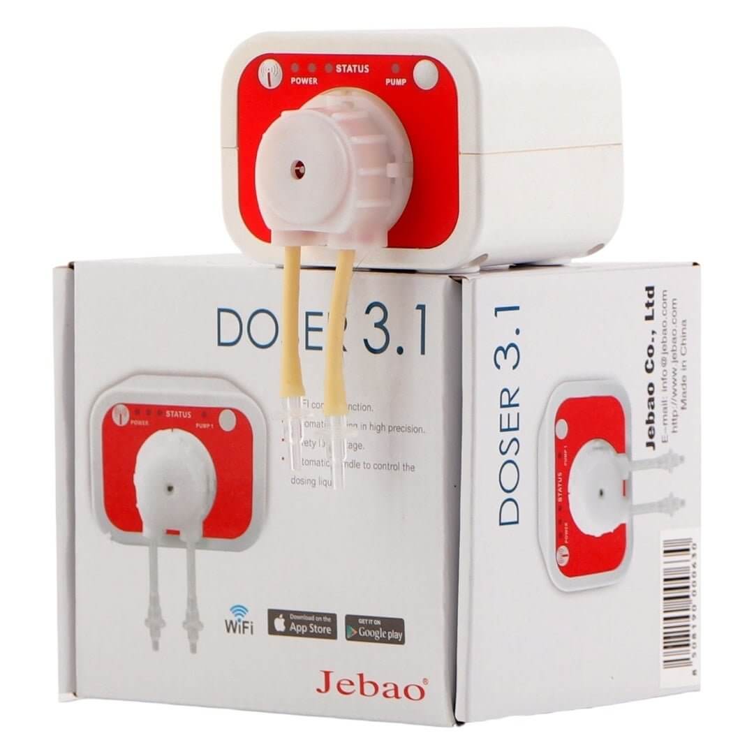 Jebao 3.1 WiFi Dosing Pump next to packaging, showcasing its design and functionality for aquarium care.