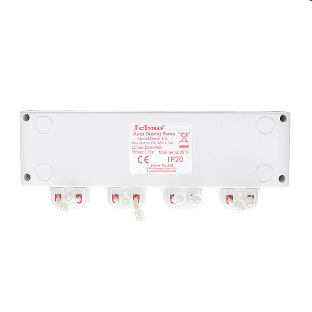 Jebao 3.4 WiFi dosing pump top view showing connectors and specifications for auto dosing functionality.