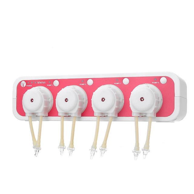 Jebao 3.4 WiFi dosing pump with four dosing heads and tubing for precise additive dosing in aquariums.