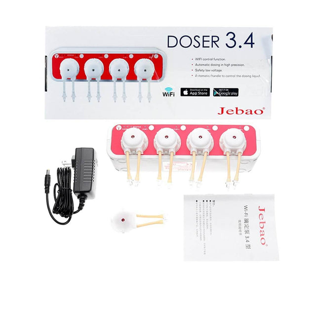 Jebao 3.4 WiFi dosing pump with four dosing heads, power adapter, and user manual in a compact design.