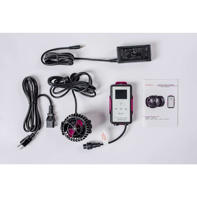 Jebao MOW Smart Wave Maker kit with LCD controller, power supply, and cables for saltwater aquarium use.