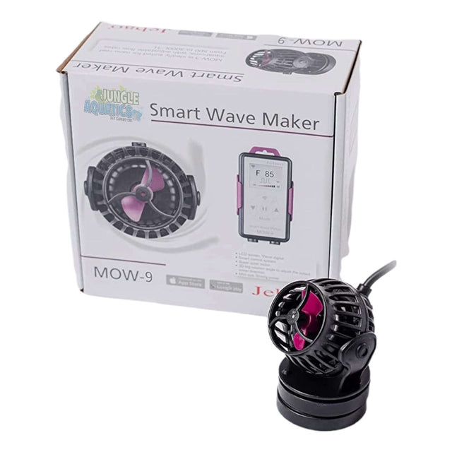 Jebao MOW Smart Wave Maker with LCD controller and packaging for saltwater tanks, showcasing compact design and features.