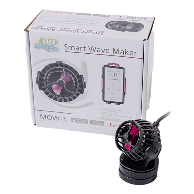 Jebao MOW Smart Wave Maker with LCD display controller for saltwater tanks, shown with packaging.
