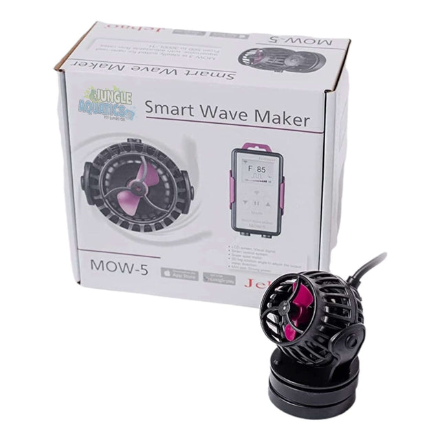Jebao MOW Smart Wave Maker with LCD Display Controller for saltwater tanks, featuring compact design and smartphone control.