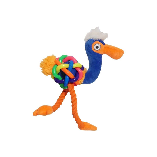 Jolly Doggy Plush Flamingo toy with colorful rope legs and squeaky head, designed for durable play and chewing satisfaction.