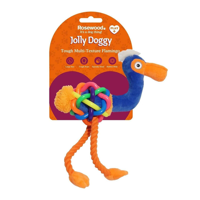 Jolly Doggy Plush Flamingo toy with squeaky head, rope legs, and multi-texture for chew and play, perfect for pets.