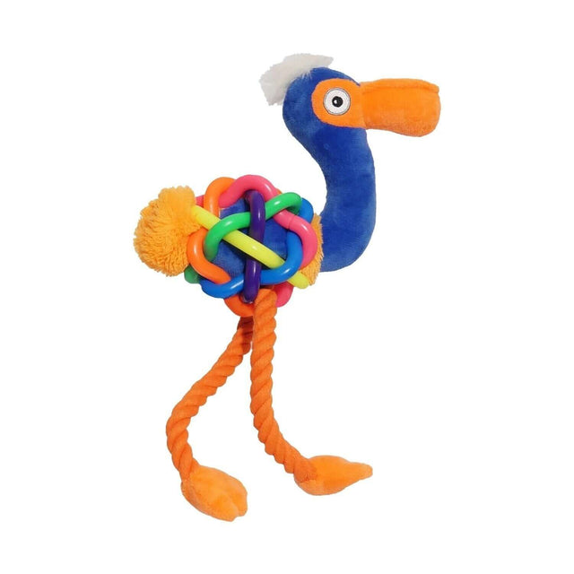 Jolly Doggy Plush Flamingo toy featuring vibrant colors, rope legs, and squeaky head for interactive play.