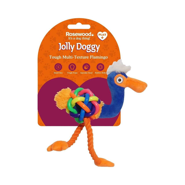 Jolly Doggy Plush Flamingo toy with colorful textures, squeaky head, and rope legs for interactive play. Ideal for dogs.