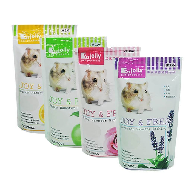 Jolly Small Animal Bathing Sands, assorted flavors for hamsters, 500g packages in lemon, apple, rose, and lavender scents.