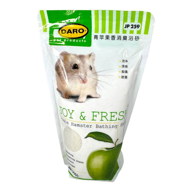 Jolly Small Animal Bathing Sands 500g packaging featuring a hamster with apple scent, suitable for refreshing pets and litter use.