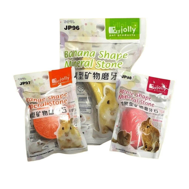 Jolly Small Animal Mineral Stones in assorted fruit shapes for promoting small pet dental health and mineral intake.