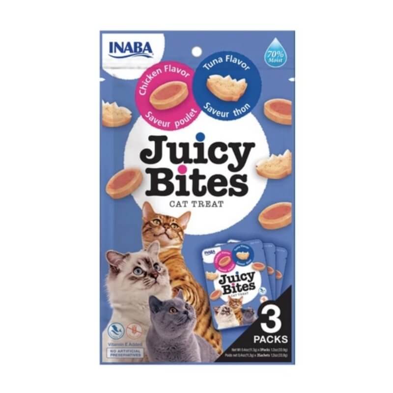 Juicy Bites Cat Treats 3 Pack featuring chicken and tuna flavors, with two fun shapes for cats, in a vibrant package.