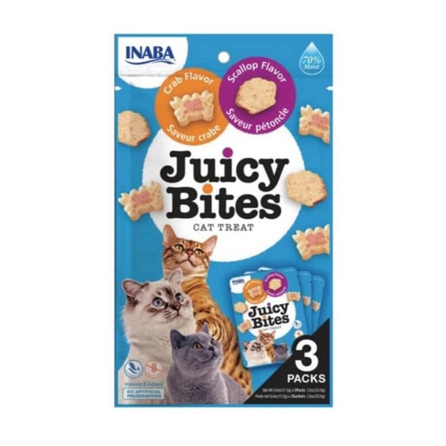 Juicy Bites cat treats 3 pack featuring crab and scallop flavors, with playful cats on the packaging. Grain-free and natural.