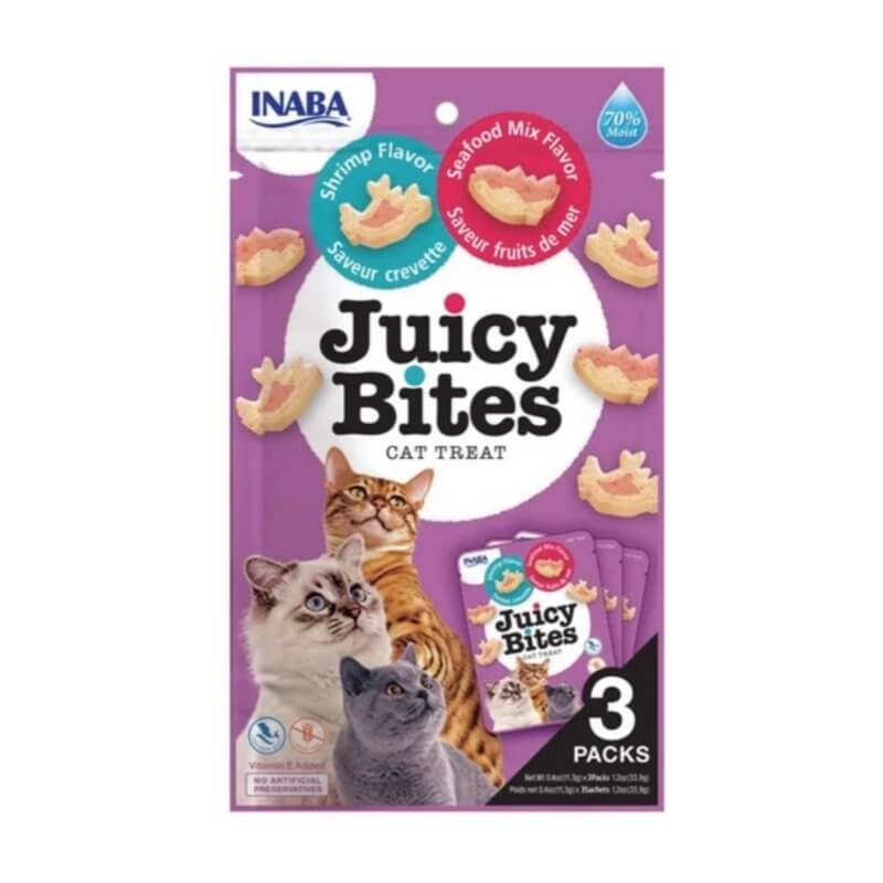 Juicy Bites cat treats 3 pack featuring shrimp and seafood flavors, ideal for keeping cats satisfied and healthy.