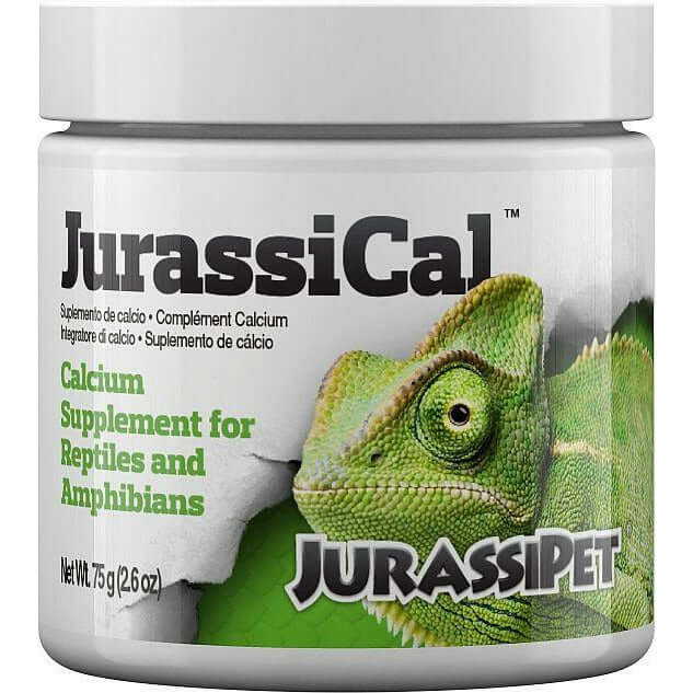 JurassiCal Powder 75g calcium supplement for reptiles and amphibians, phosphate-free formula in a clear container.