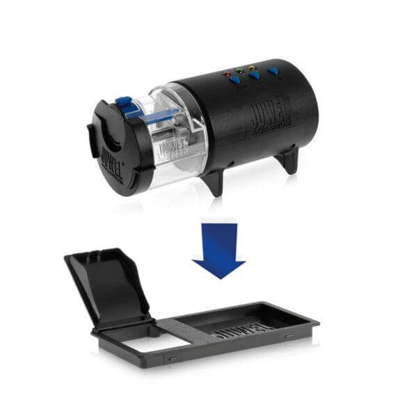Juwel Automatic EasyFeed Feeder with adjustable feed container and mounting support for aquariums.