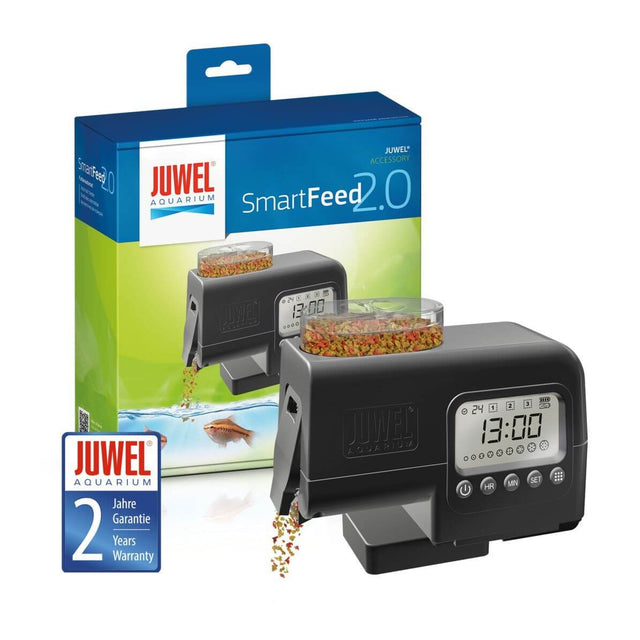 Juwel Automatic SmartFeed 2.0 Premium Feeder with packaging, showcasing its programmable feeding features and warranty.