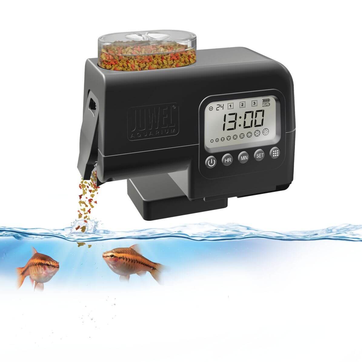 Juwel Automatic SmartFeed 2.0 Premium Feeder dispensing fish food with a digital timer in an aquarium setting.