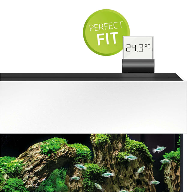 Juwel Digital Thermometer 3.0 showing a perfect fit on an aquarium with a temperature reading of 24.3°C.