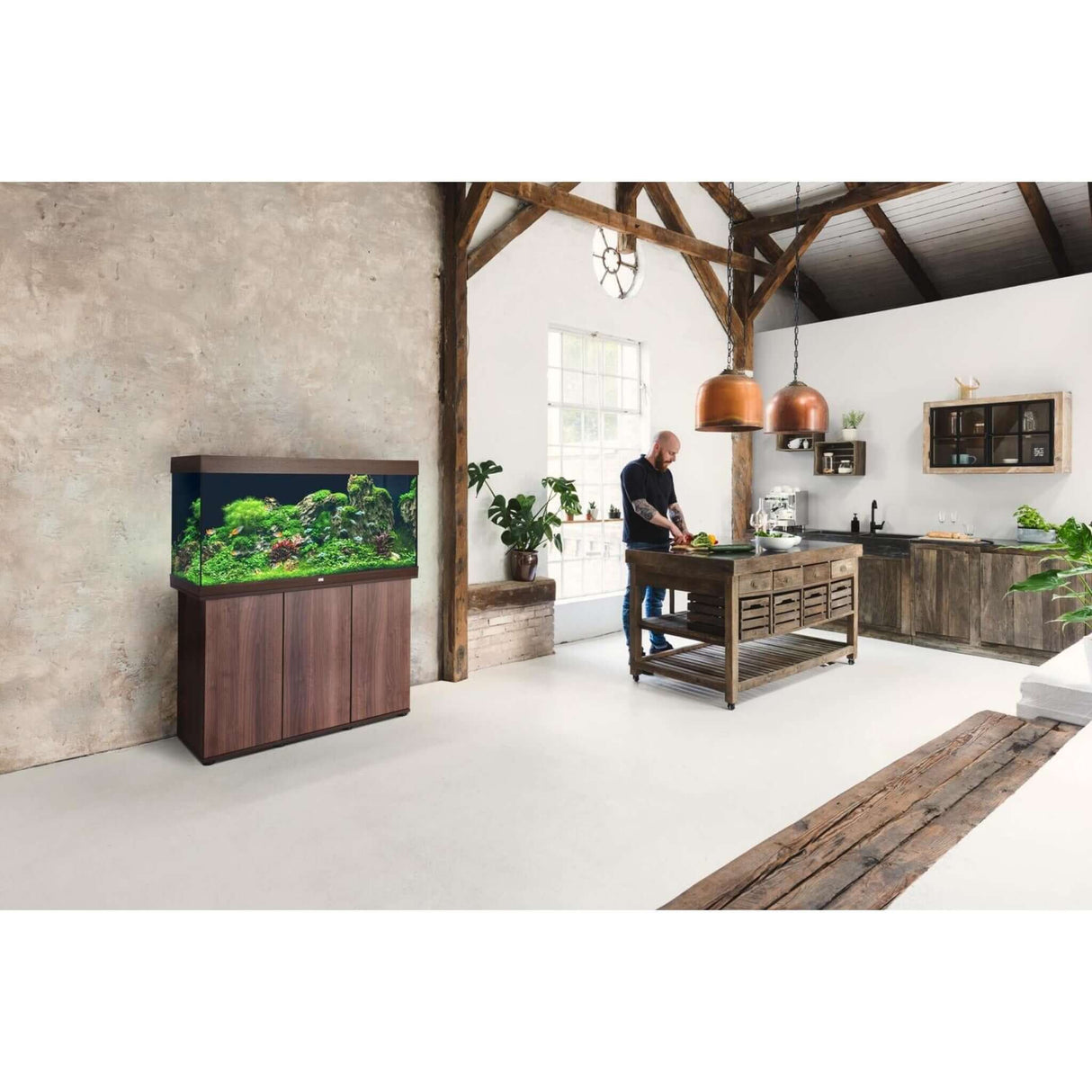 Modern interior featuring Juwel Rio Aquarium and Cabinet with vibrant aquatic life in a stylish kitchen setting.