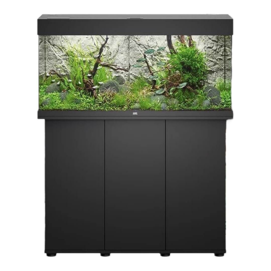 Juwel Rio Aquarium and Cabinet with lush aquatic plants and elegant black cabinetry, showcasing refined craftsmanship.